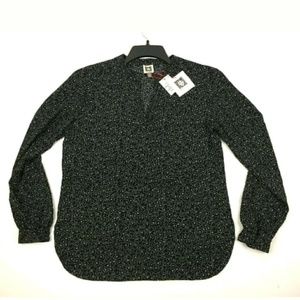 Anne Klein XS Black Patterned Split Neck Blouse